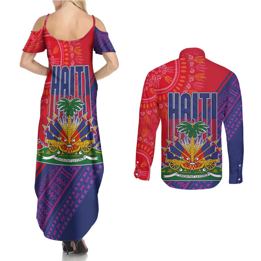 Haiti National Emblem Couples Matching Summer Maxi Dress and Long Sleeve Button Shirt Dashiki and Polynesian Pattern