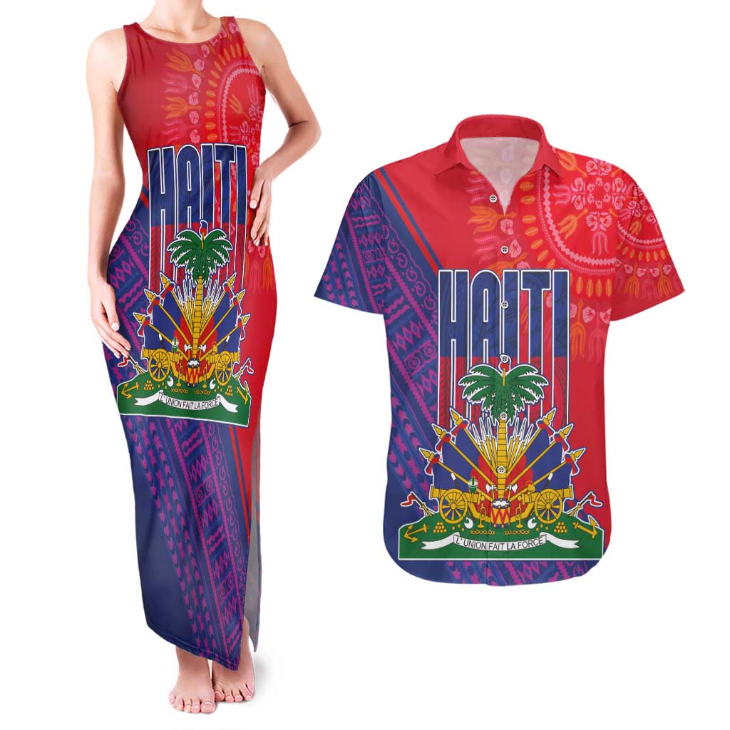 Haiti National Emblem Couples Matching Tank Maxi Dress and Hawaiian Shirt Dashiki and Polynesian Pattern