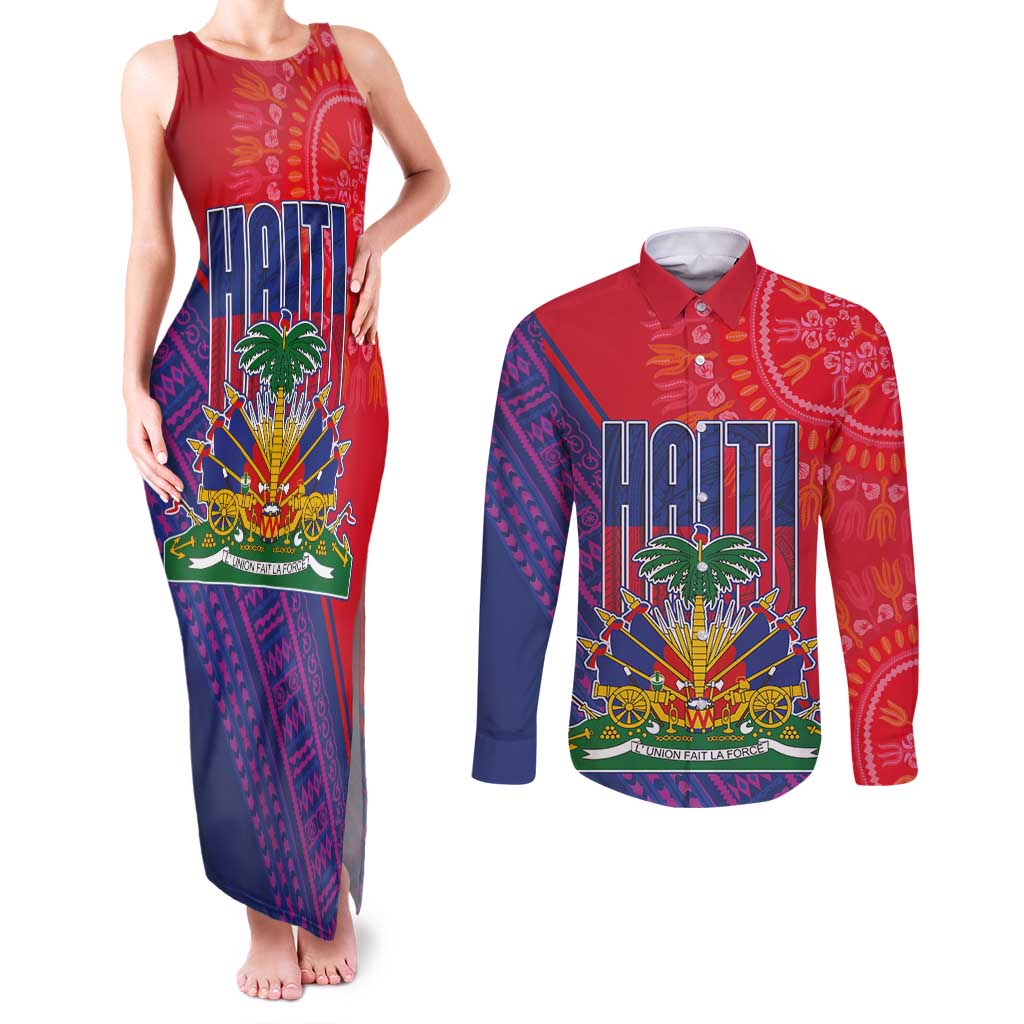 Haiti National Emblem Couples Matching Tank Maxi Dress and Long Sleeve Button Shirt Dashiki and Polynesian Pattern