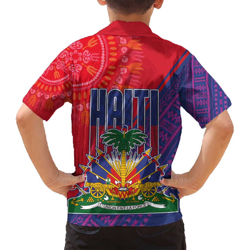 Haiti National Emblem Family Matching Long Sleeve Bodycon Dress and Hawaiian Shirt Dashiki and Polynesian Pattern