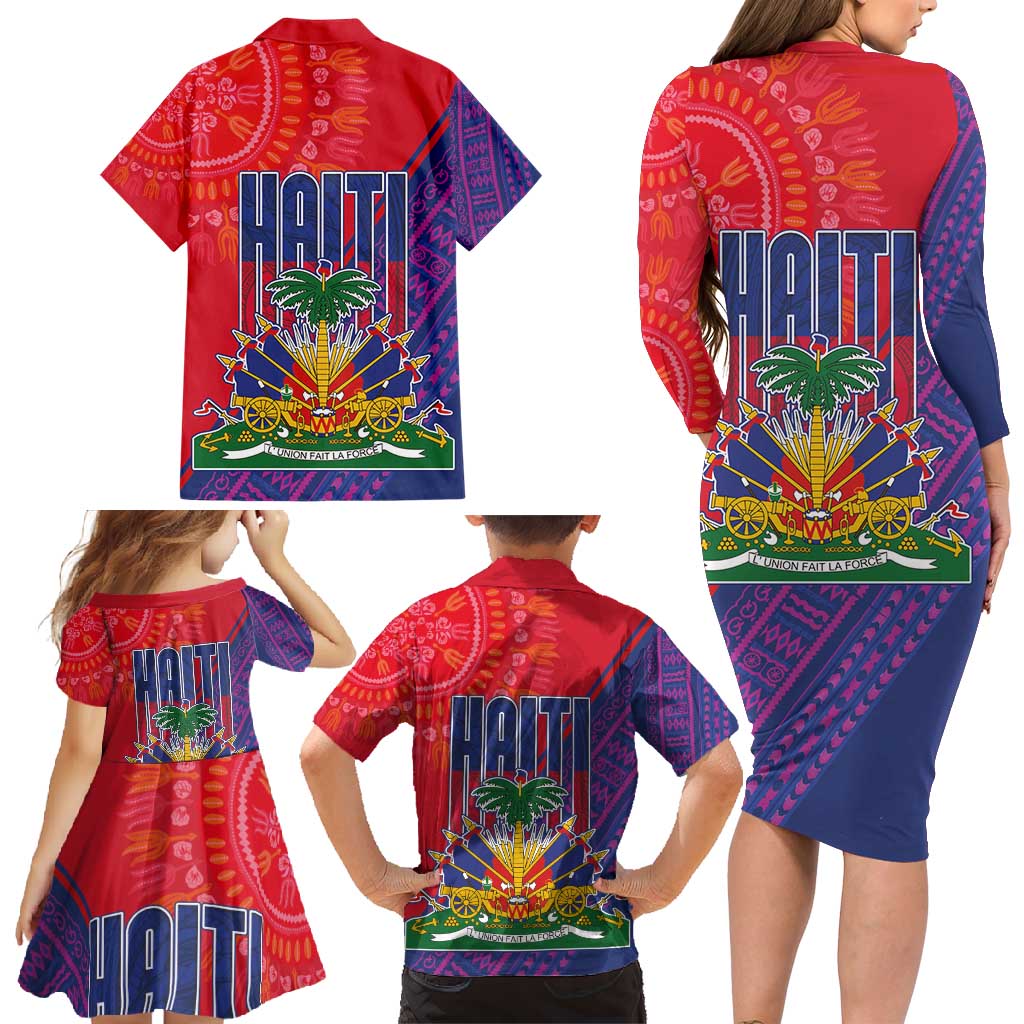 Haiti National Emblem Family Matching Long Sleeve Bodycon Dress and Hawaiian Shirt Dashiki and Polynesian Pattern