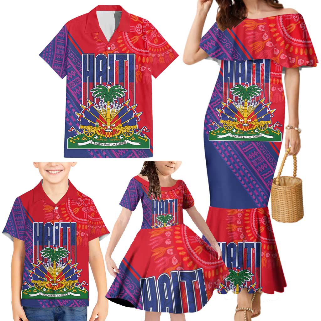Haiti National Emblem Family Matching Mermaid Dress and Hawaiian Shirt Dashiki and Polynesian Pattern