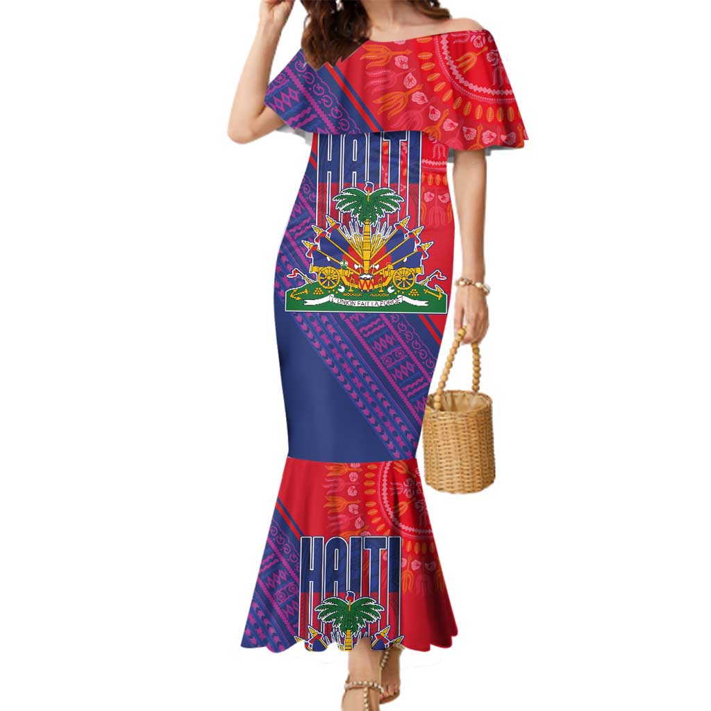 Haiti National Emblem Family Matching Mermaid Dress and Hawaiian Shirt Dashiki and Polynesian Pattern