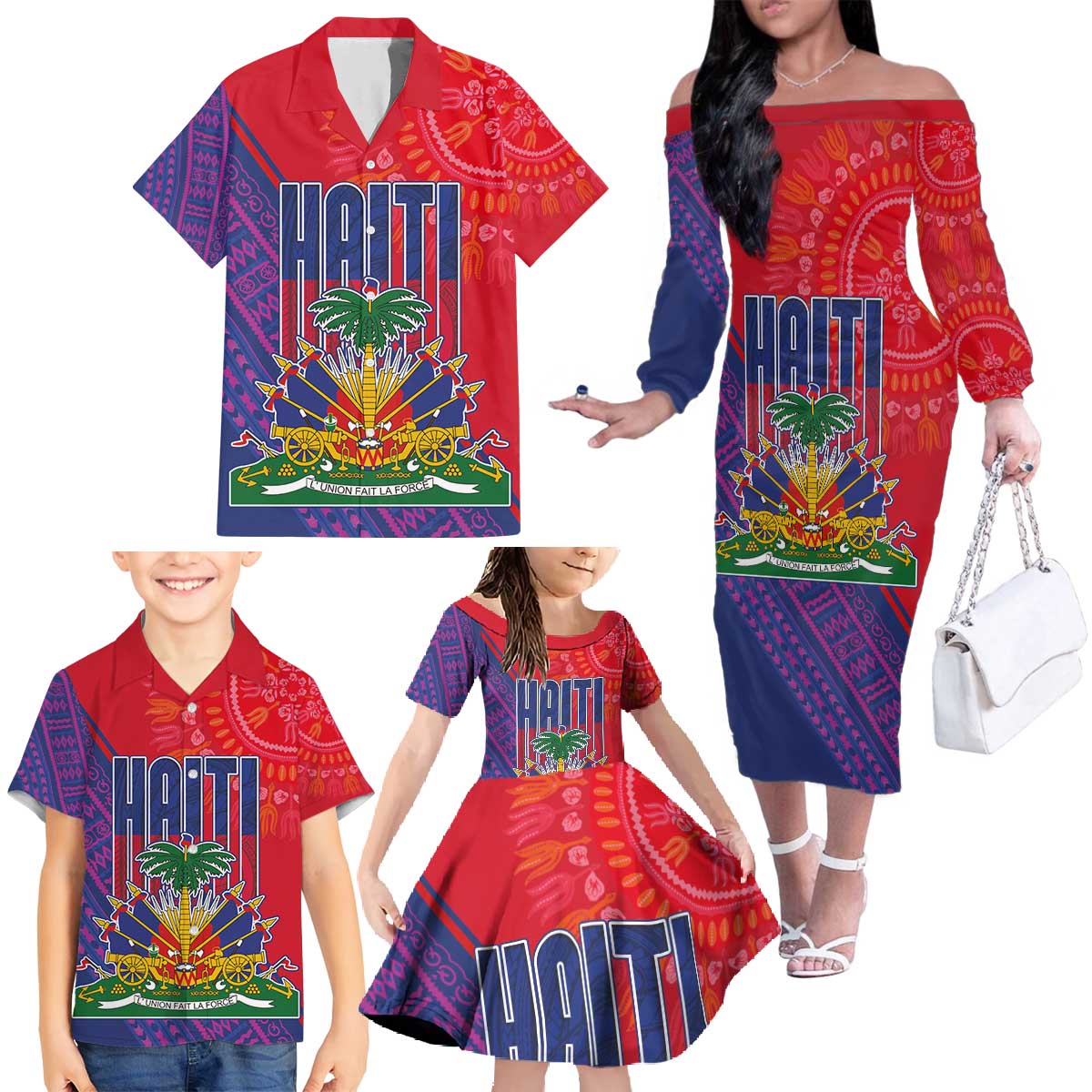 Haiti National Emblem Family Matching Off The Shoulder Long Sleeve Dress and Hawaiian Shirt Dashiki and Polynesian Pattern