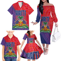 Haiti National Emblem Family Matching Off The Shoulder Long Sleeve Dress and Hawaiian Shirt Dashiki and Polynesian Pattern