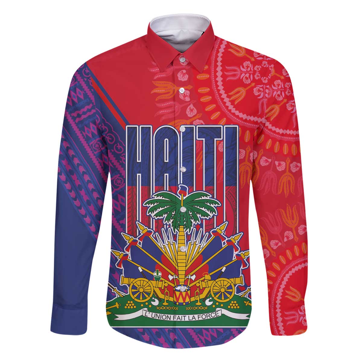 Haiti National Emblem Family Matching Off The Shoulder Long Sleeve Dress and Hawaiian Shirt Dashiki and Polynesian Pattern
