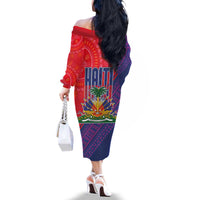 Haiti National Emblem Family Matching Off The Shoulder Long Sleeve Dress and Hawaiian Shirt Dashiki and Polynesian Pattern