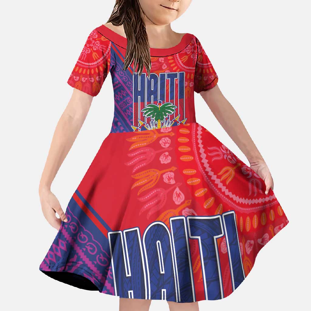 Haiti National Emblem Family Matching Off Shoulder Maxi Dress and Hawaiian Shirt Dashiki and Polynesian Pattern