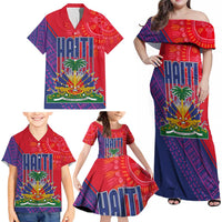 Haiti National Emblem Family Matching Off Shoulder Maxi Dress and Hawaiian Shirt Dashiki and Polynesian Pattern