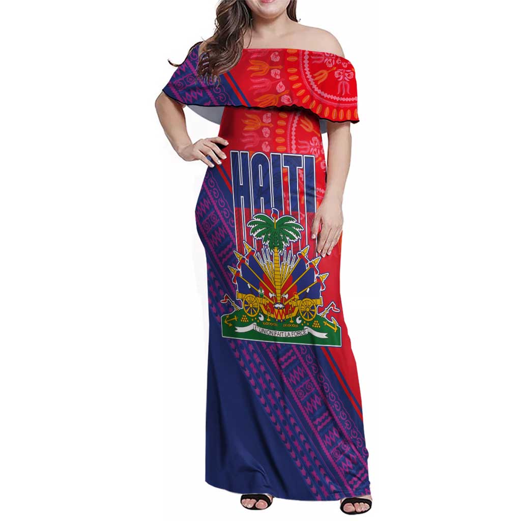 Haiti National Emblem Family Matching Off Shoulder Maxi Dress and Hawaiian Shirt Dashiki and Polynesian Pattern