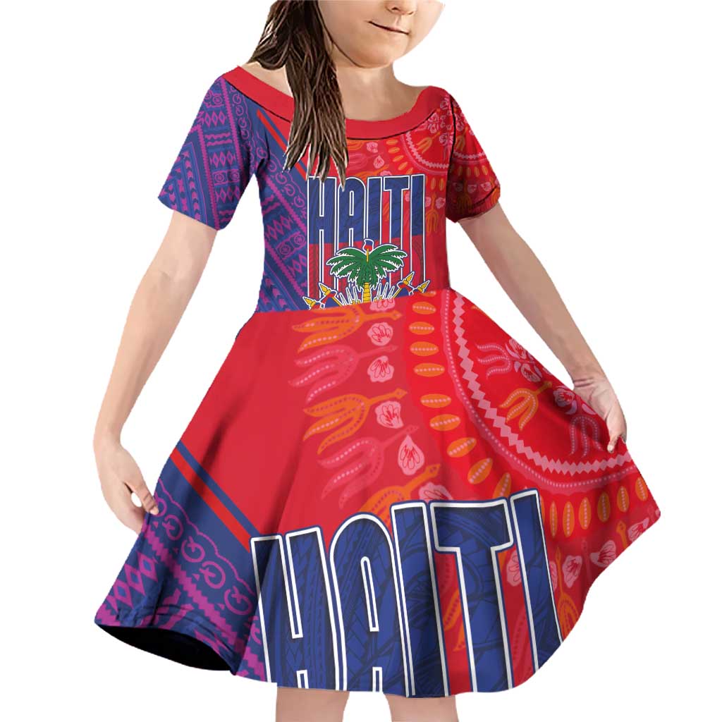 Haiti National Emblem Family Matching Off Shoulder Short Dress and Hawaiian Shirt Dashiki and Polynesian Pattern