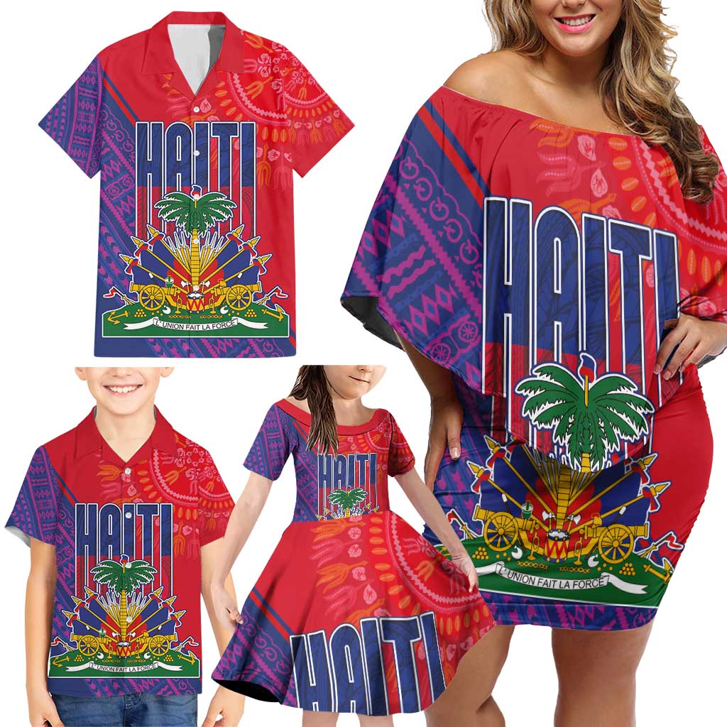 Haiti National Emblem Family Matching Off Shoulder Short Dress and Hawaiian Shirt Dashiki and Polynesian Pattern