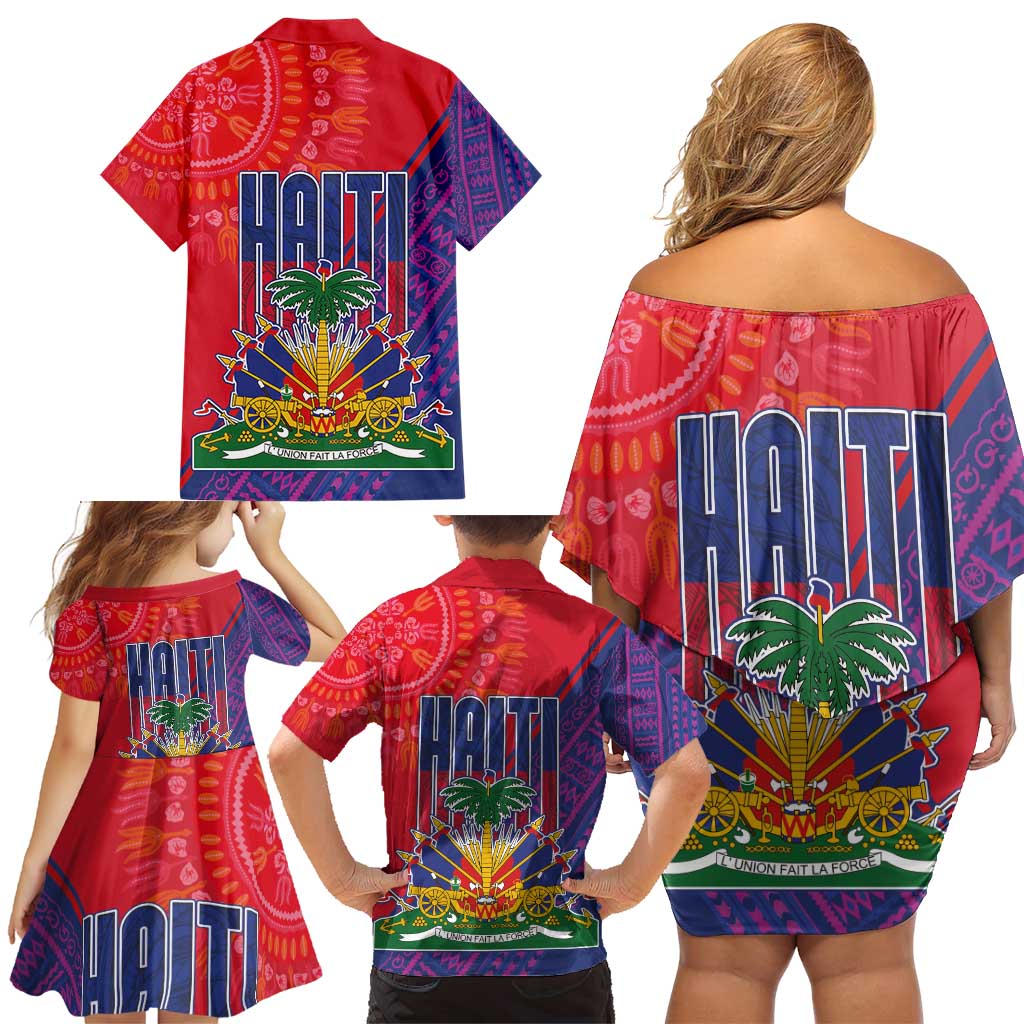 Haiti National Emblem Family Matching Off Shoulder Short Dress and Hawaiian Shirt Dashiki and Polynesian Pattern