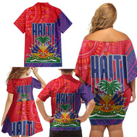 Haiti National Emblem Family Matching Off Shoulder Short Dress and Hawaiian Shirt Dashiki and Polynesian Pattern