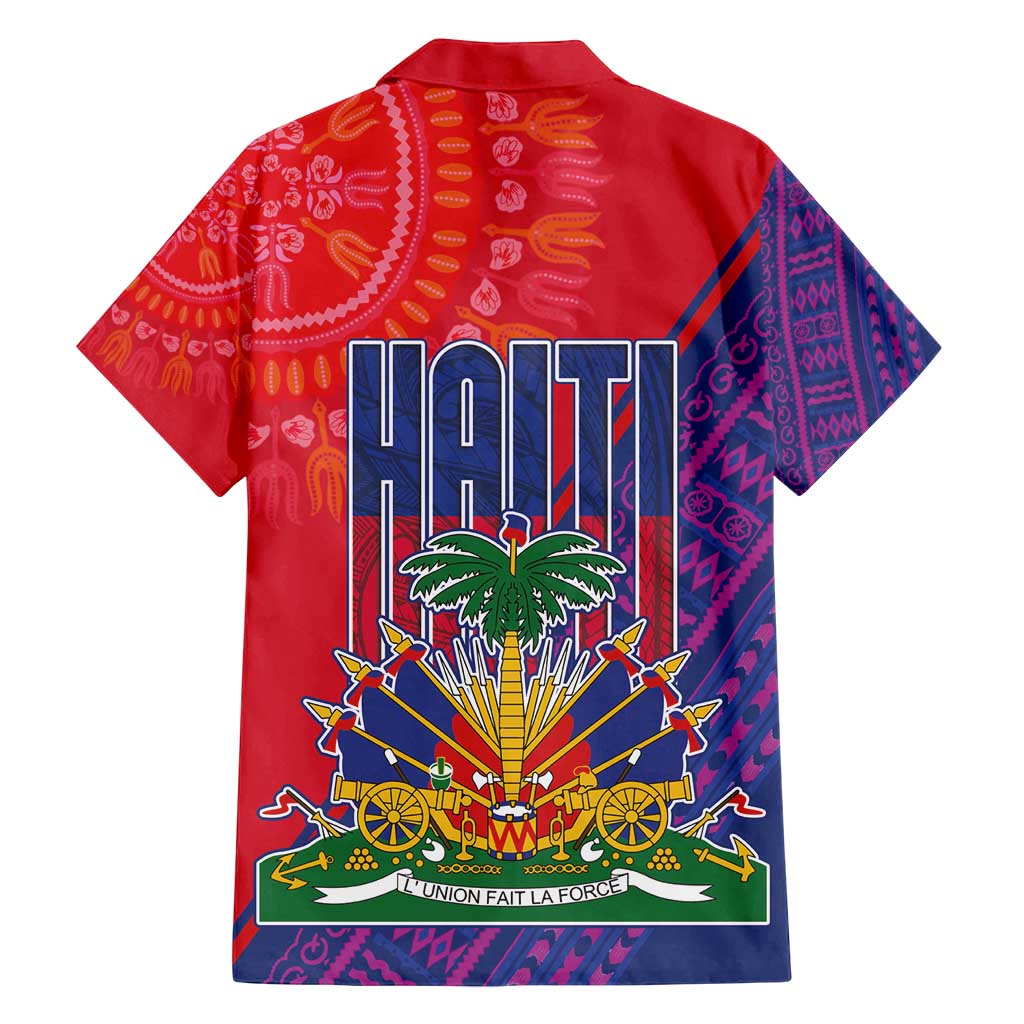 Haiti National Emblem Family Matching Off Shoulder Short Dress and Hawaiian Shirt Dashiki and Polynesian Pattern