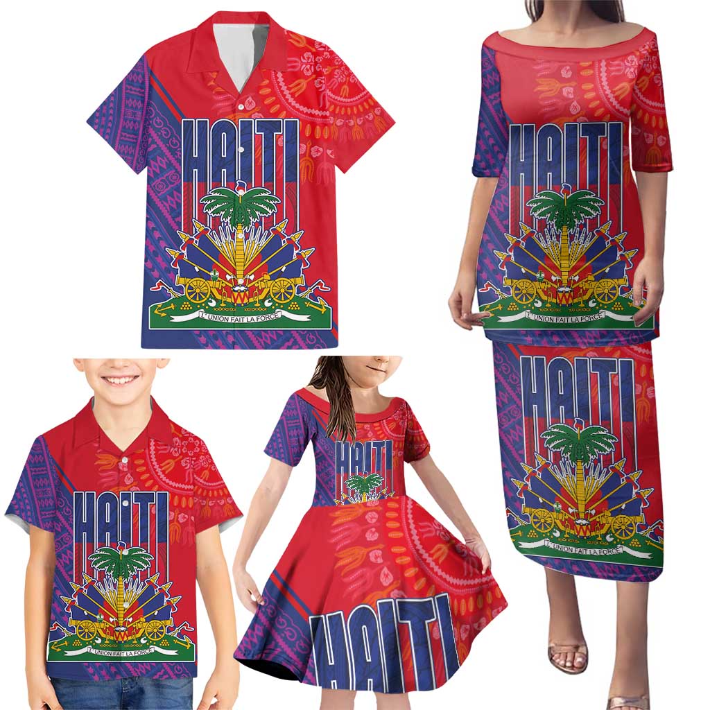 Haiti National Emblem Family Matching Puletasi and Hawaiian Shirt Dashiki and Polynesian Pattern