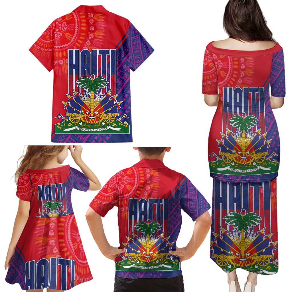 Haiti National Emblem Family Matching Puletasi and Hawaiian Shirt Dashiki and Polynesian Pattern