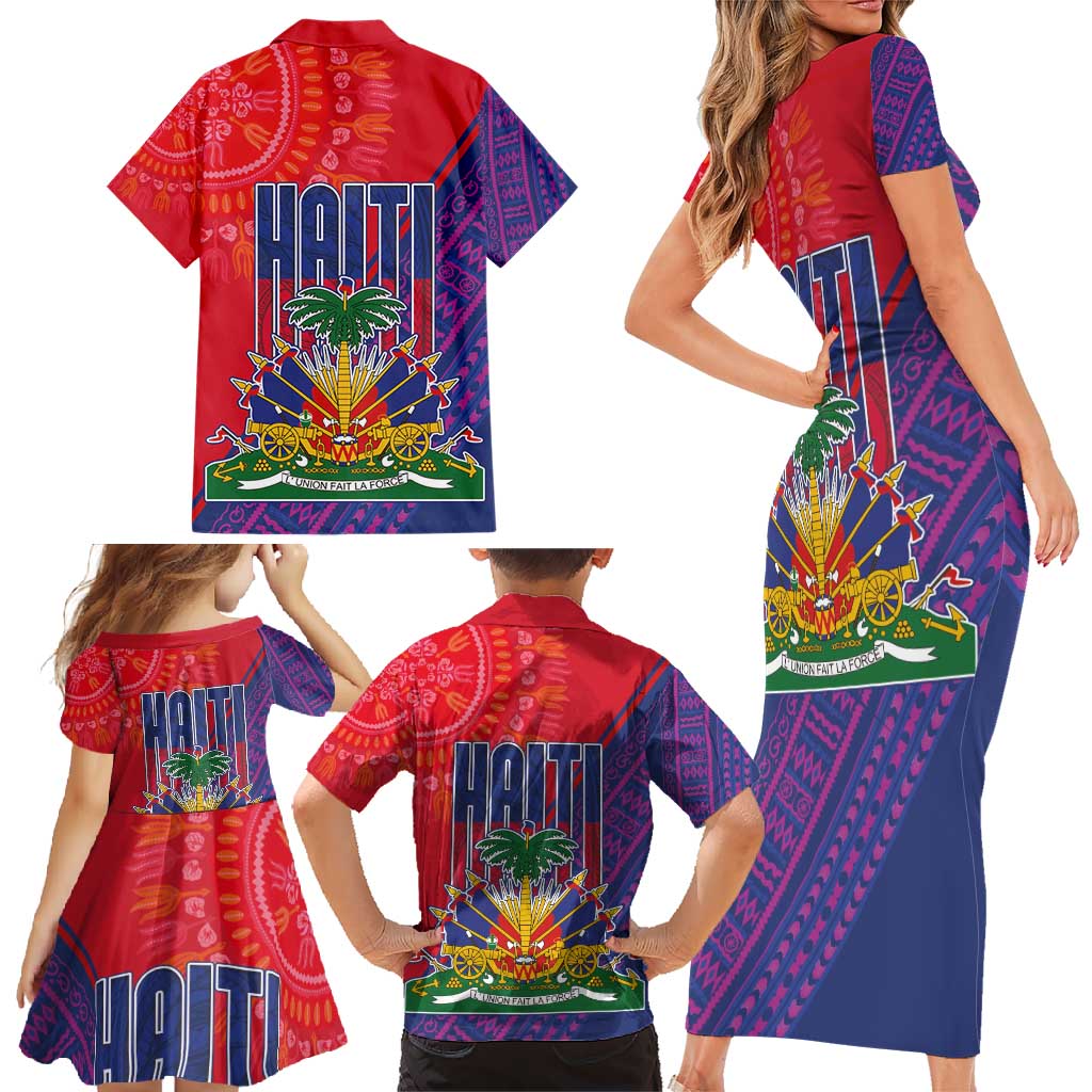 Haiti National Emblem Family Matching Short Sleeve Bodycon Dress and Hawaiian Shirt Dashiki and Polynesian Pattern