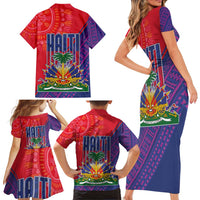 Haiti National Emblem Family Matching Short Sleeve Bodycon Dress and Hawaiian Shirt Dashiki and Polynesian Pattern