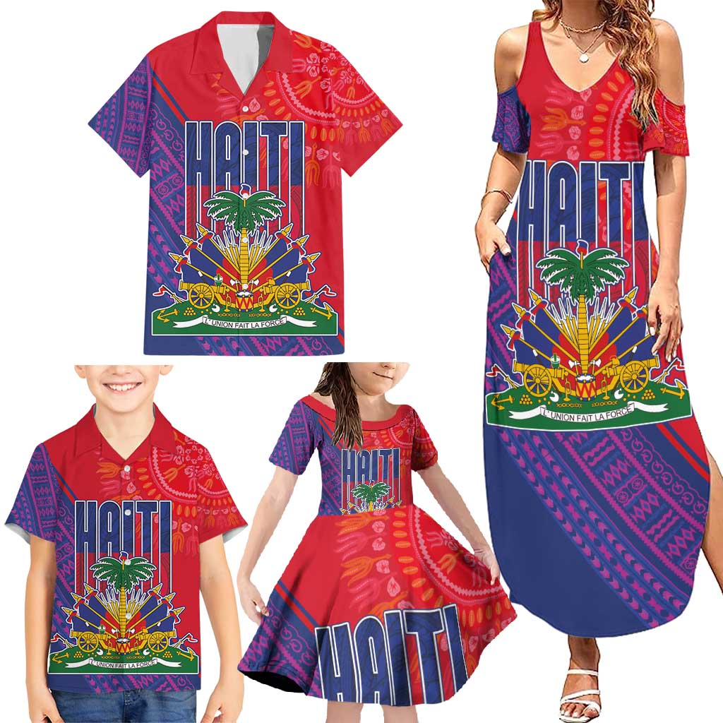 Haiti National Emblem Family Matching Summer Maxi Dress and Hawaiian Shirt Dashiki and Polynesian Pattern