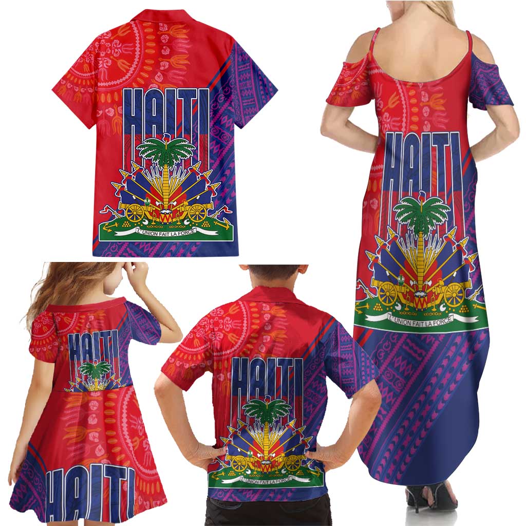 Haiti National Emblem Family Matching Summer Maxi Dress and Hawaiian Shirt Dashiki and Polynesian Pattern