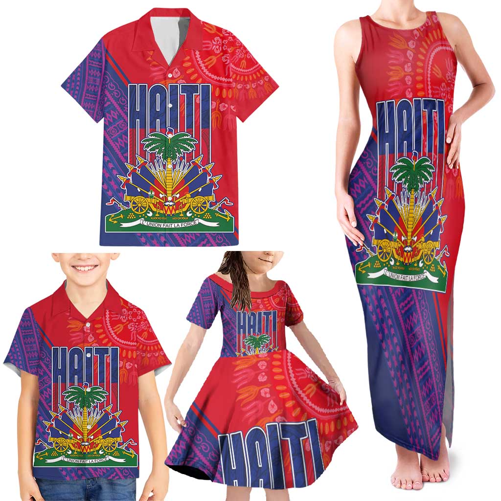 Haiti National Emblem Family Matching Tank Maxi Dress and Hawaiian Shirt Dashiki and Polynesian Pattern