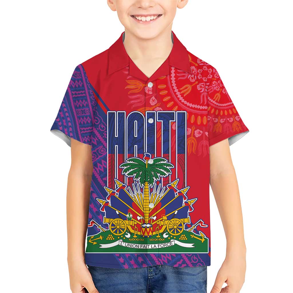 Haiti National Emblem Kid Hawaiian Shirt Dashiki and Polynesian Pattern