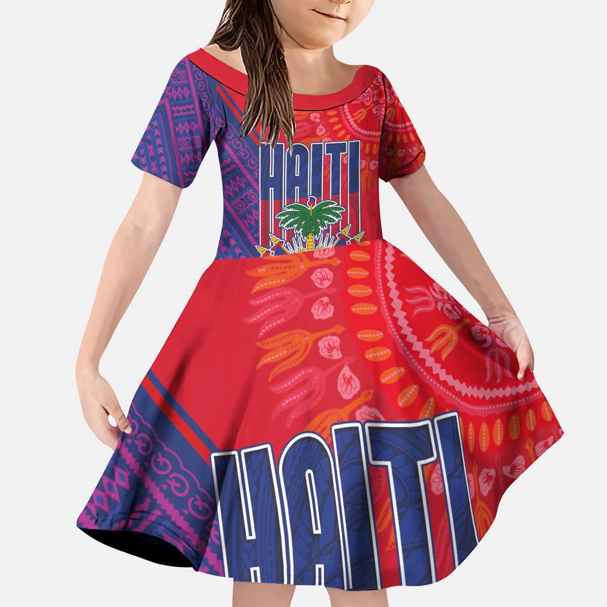 Haiti National Emblem Kid Short Sleeve Dress Dashiki and Polynesian Pattern