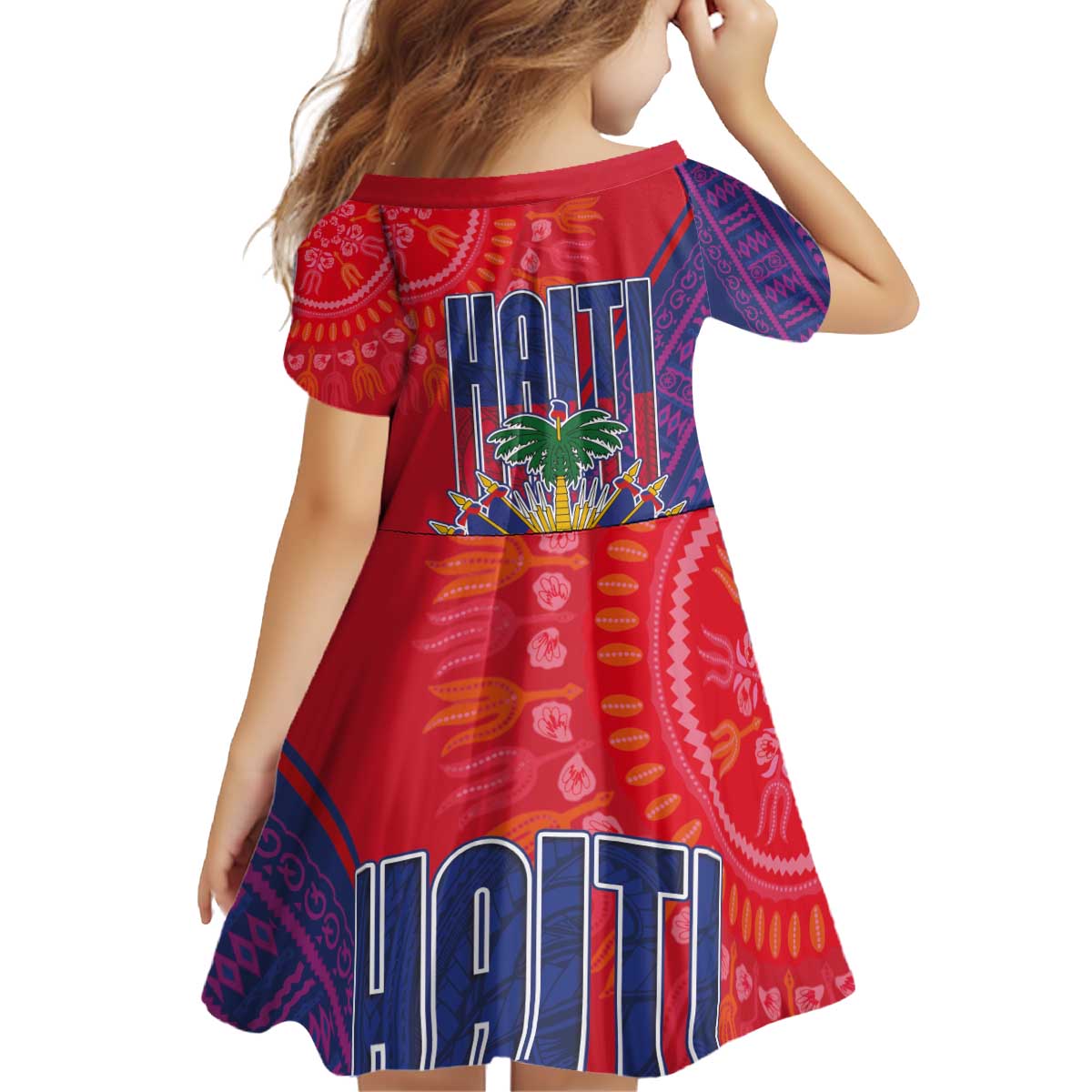Haiti National Emblem Kid Short Sleeve Dress Dashiki and Polynesian Pattern