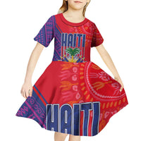Haiti National Emblem Kid Short Sleeve Dress Dashiki and Polynesian Pattern