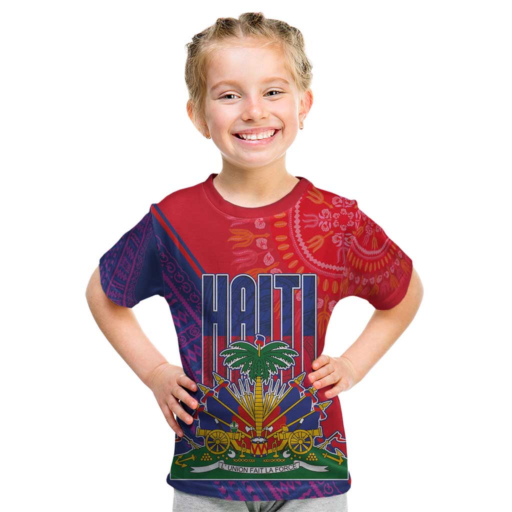 Haiti National Emblem Kid T Shirt Dashiki and Polynesian Pattern