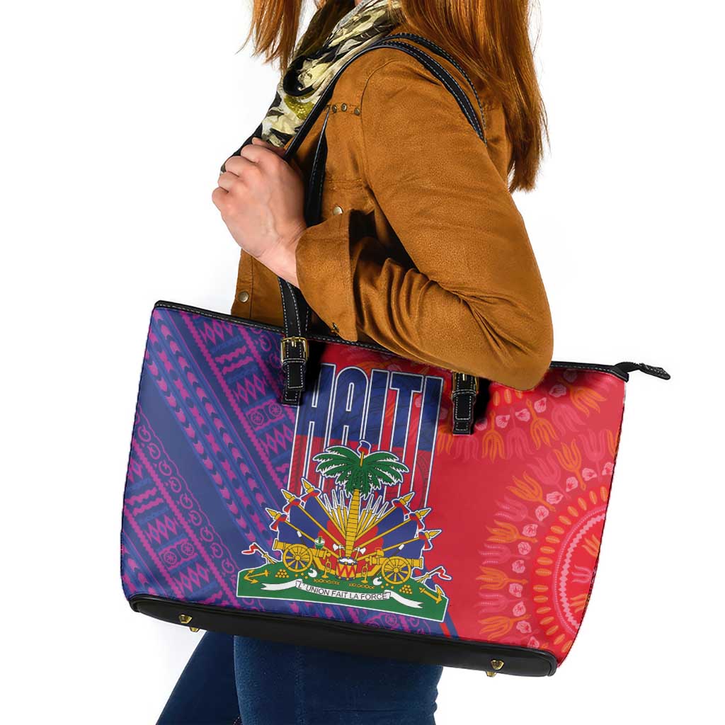 Haiti National Emblem Leather Tote Bag Dashiki and Polynesian Pattern