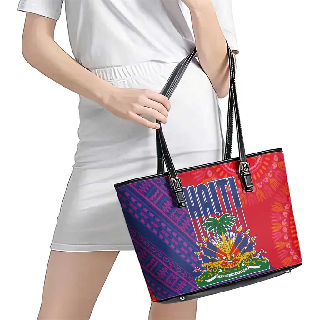 Haiti National Emblem Leather Tote Bag Dashiki and Polynesian Pattern