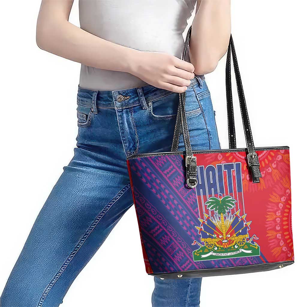 Haiti National Emblem Leather Tote Bag Dashiki and Polynesian Pattern