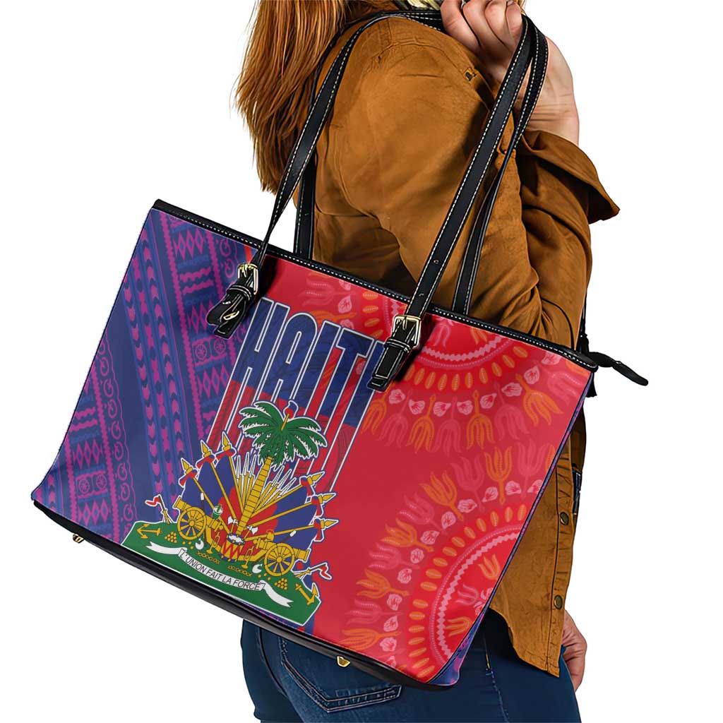 Haiti National Emblem Leather Tote Bag Dashiki and Polynesian Pattern
