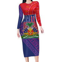 Haiti National Emblem Long Sleeve Bodycon Dress Dashiki and Polynesian Pattern