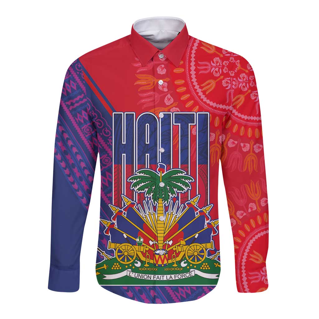 Haiti National Emblem Long Sleeve Button Shirt Dashiki and Polynesian Pattern