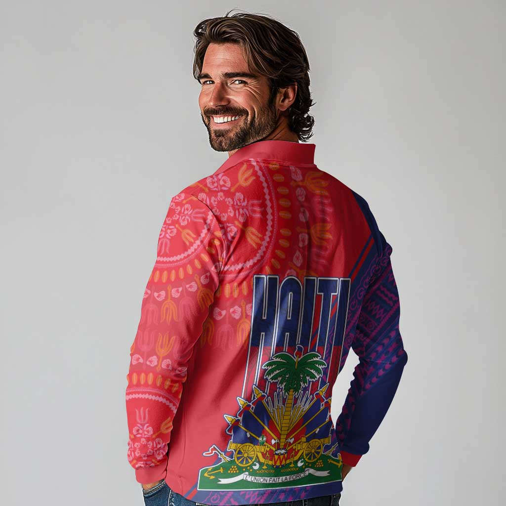 Haiti National Emblem Long Sleeve Polo Shirt Dashiki and Polynesian Pattern