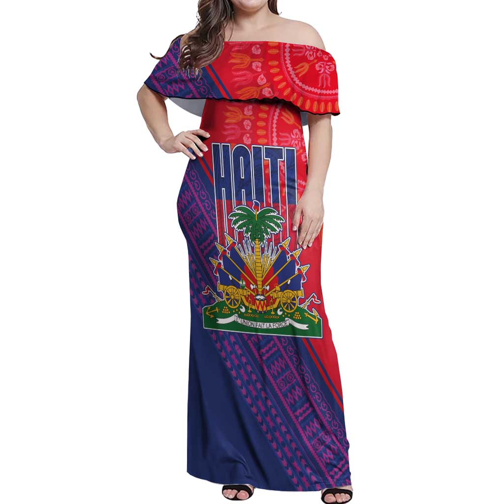 Haiti National Emblem Off Shoulder Maxi Dress Dashiki and Polynesian Pattern
