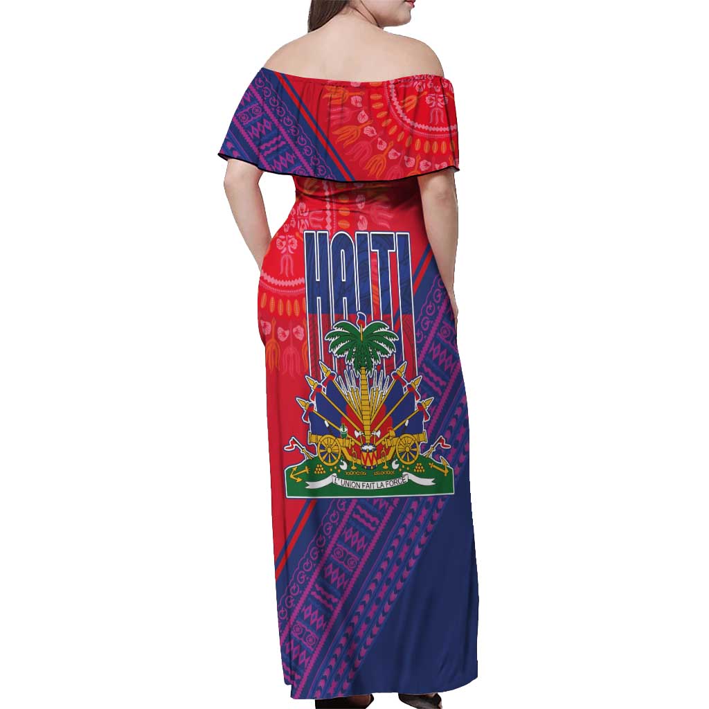 Haiti National Emblem Off Shoulder Maxi Dress Dashiki and Polynesian Pattern