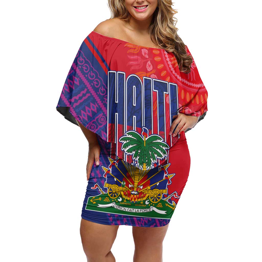 Haiti National Emblem Off Shoulder Short Dress Dashiki and Polynesian Pattern