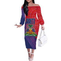 Haiti National Emblem Off The Shoulder Long Sleeve Dress Dashiki and Polynesian Pattern