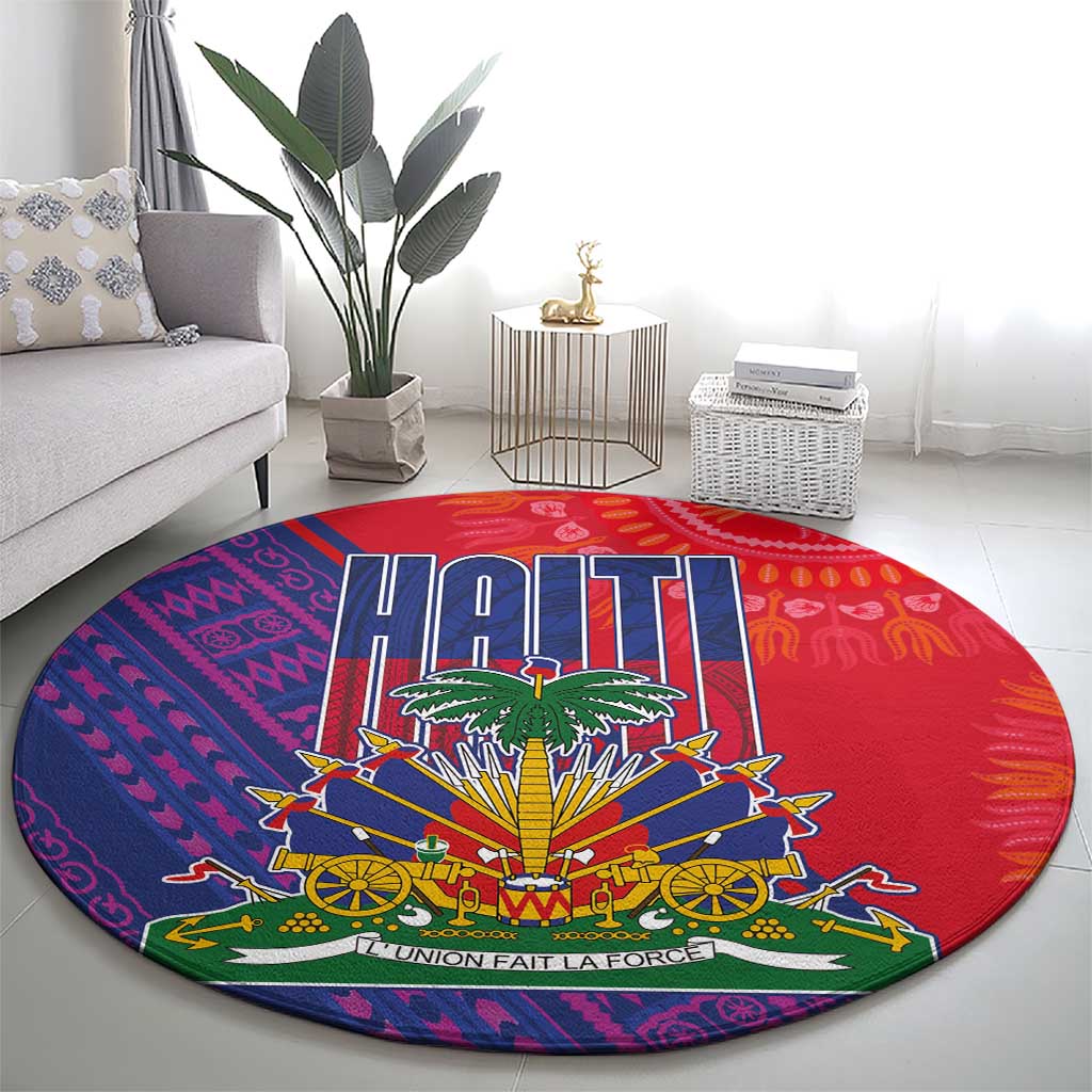 Haiti National Emblem Round Carpet Dashiki and Polynesian Pattern