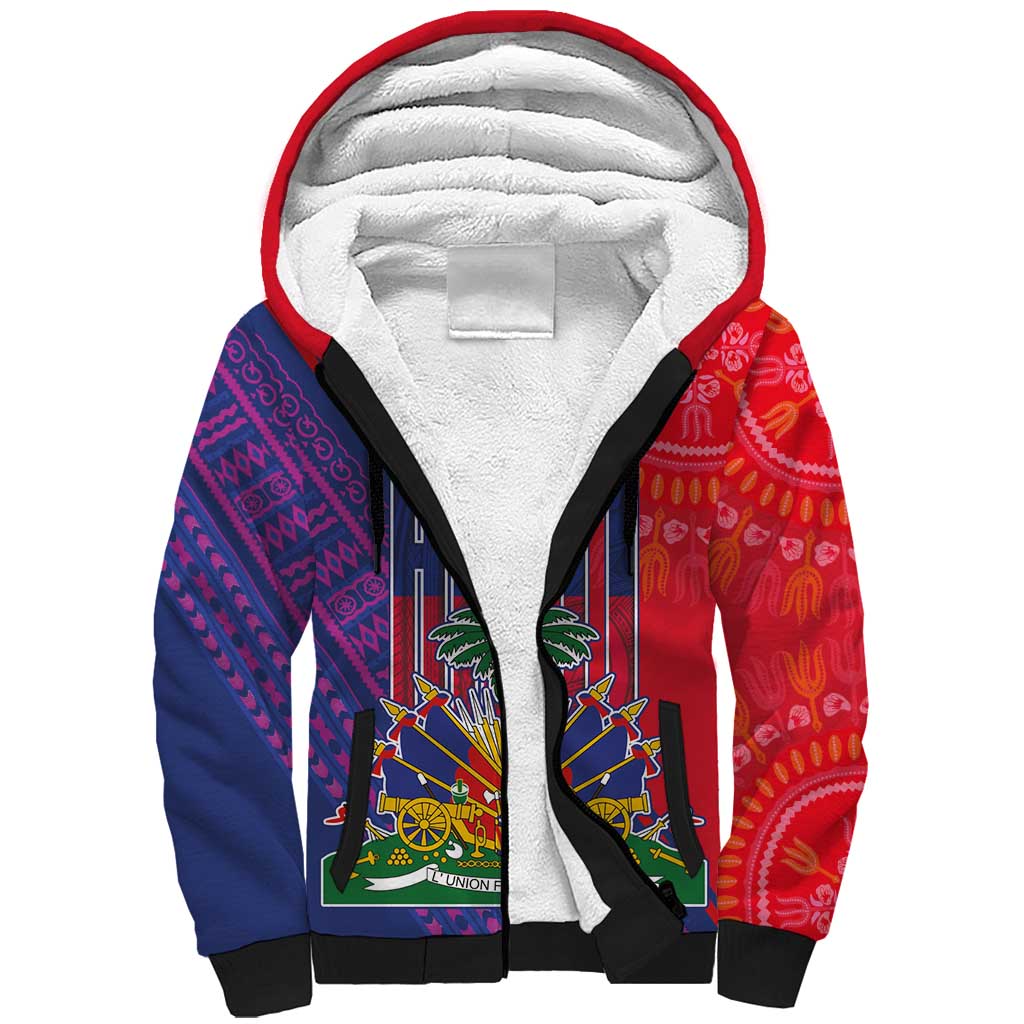 Haiti National Emblem Sherpa Hoodie Dashiki and Polynesian Pattern