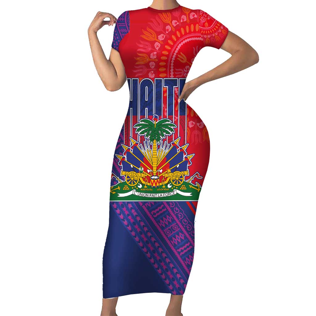 Haiti National Emblem Short Sleeve Bodycon Dress Dashiki and Polynesian Pattern