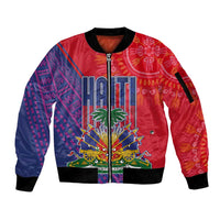 Haiti National Emblem Sleeve Zip Bomber Jacket Dashiki and Polynesian Pattern