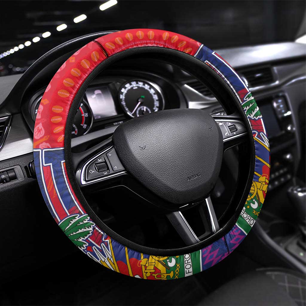 Haiti National Emblem Steering Wheel Cover Dashiki and Polynesian Pattern