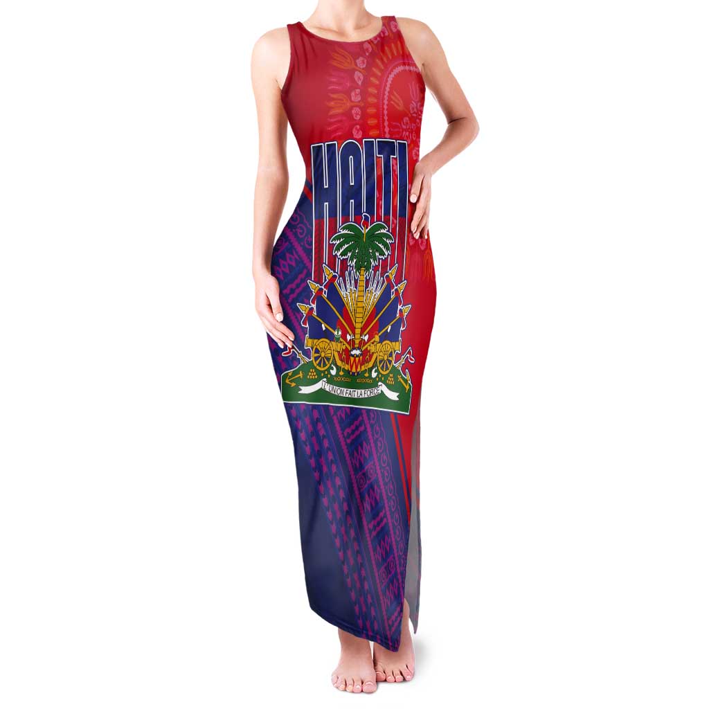 Haiti National Emblem Tank Maxi Dress Dashiki and Polynesian Pattern