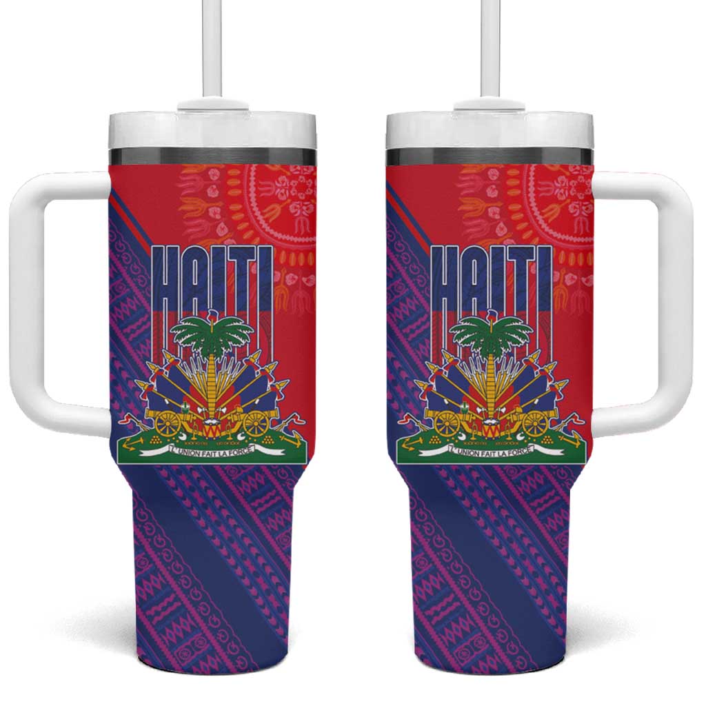 Haiti National Emblem Tumbler With Handle Dashiki and Polynesian Pattern