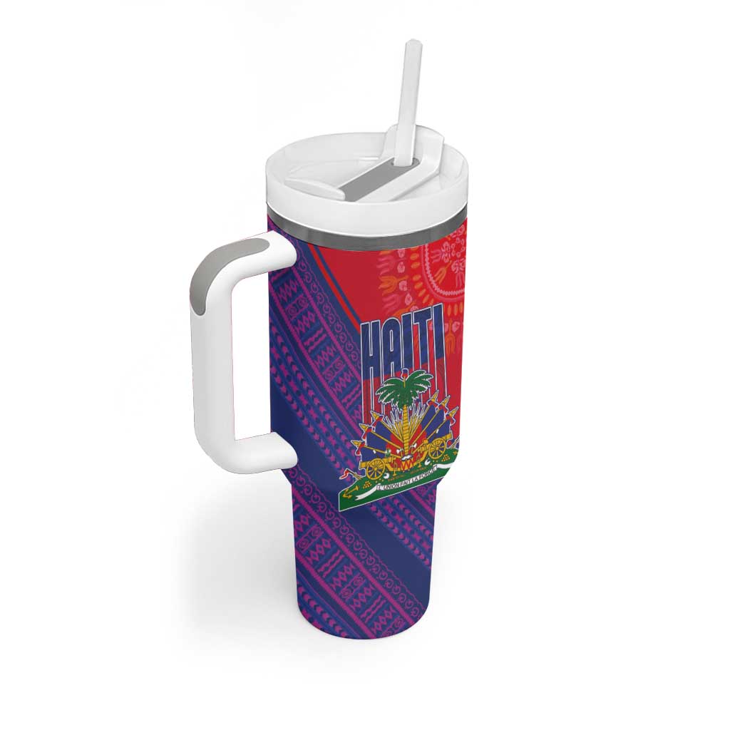 Haiti National Emblem Tumbler With Handle Dashiki and Polynesian Pattern
